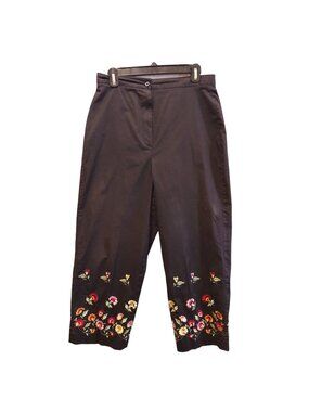 Larry Levine 12 Cropped Black Embroidered Flowers Pants light cotton Boho Hippie